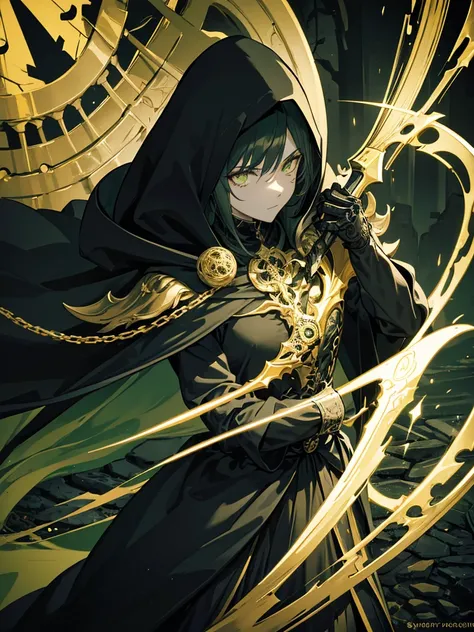 a skeletal character in a black cloak with golden details, holding a scythe made of green fire, piercing green eye, intricate details, dark fantasy, cinematic lighting, chiaroscuro, moody atmosphere, dramatic, highly detailed, masterpiece, 8k, photorealist...