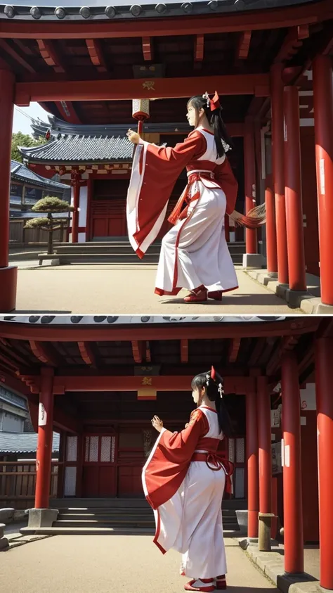 A shrine maiden who brings good luck is performing a blessing dance at the shrine