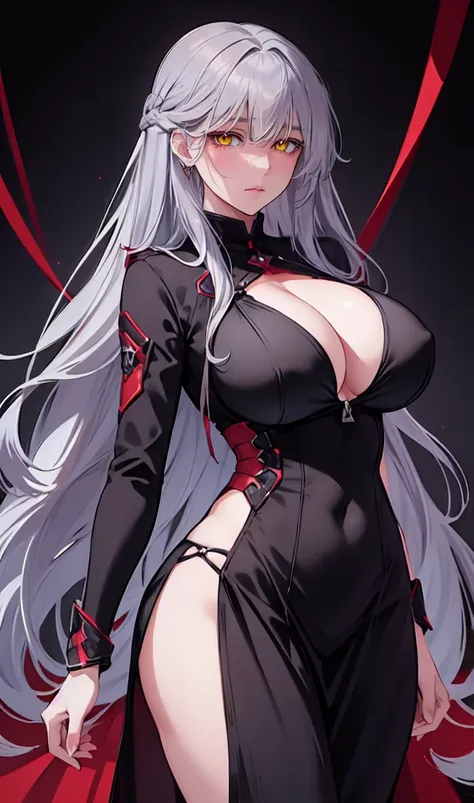 1girl, solo,lips, female focus, red eyes, looking at viewer, gray hair, long hair, closed mouth, ((Wide hips, huge breasts)), black dress, pants:1.5