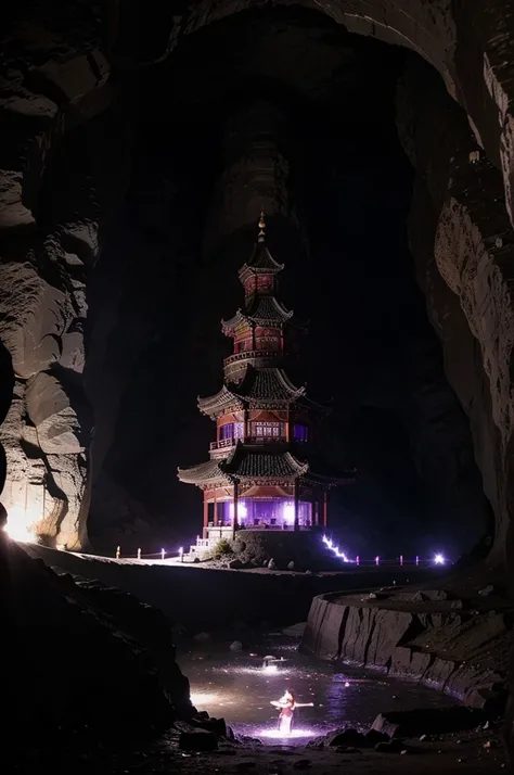 Giant Asian-Chinese style castle, inside a cave deep in the mountain there are a few streaks of purple light.