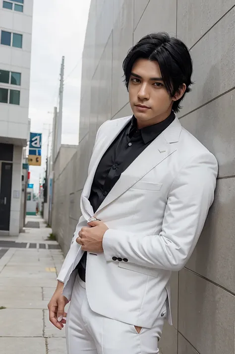 Male character , anime black hair,white suit, Seyum