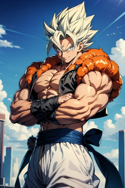 1 boy, full body view, floating in the air, gogeta, anime-series, high-detailed, badass, (crossed arms), confident smile, muscul...