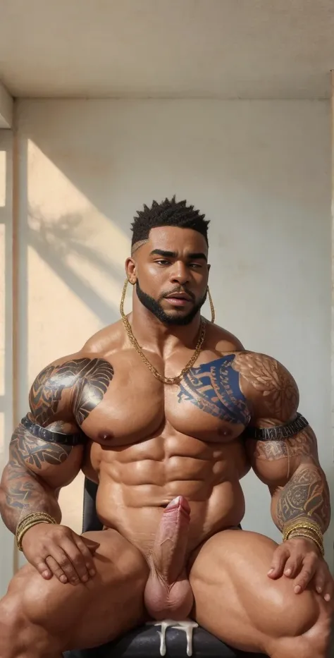 (masterpiece, intricately detailed, highest resolution, best quality:1.2), (doujin), a cocky African American Instagram influencer, buzz cut, a 36 y.o muscle dom with a muscular physique sitting on a chair with blue eyes,ntattoo, ((neckline_tattoo)), dark-...