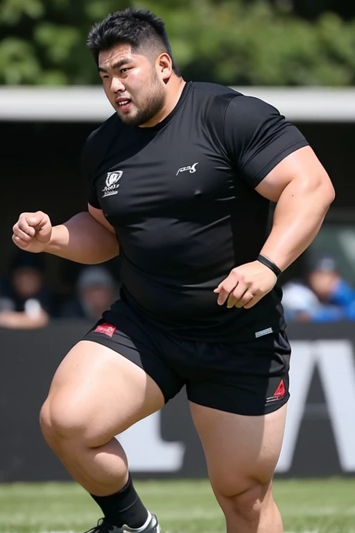 A large Japanese man wearing a tight black T-shirt、whole body、Rugby last week、Thick legs、Thick arm muscles、Intimidating、whole body