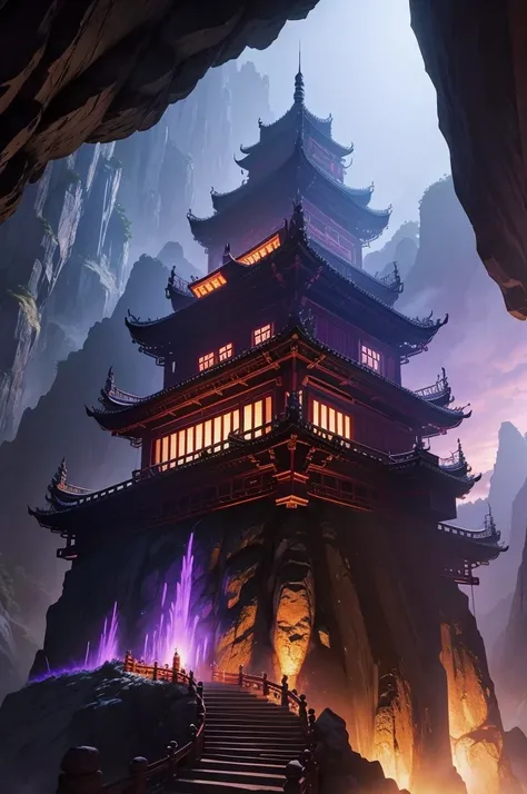 Giant Asian-Chinese style castle, inside a cave deep in the mountain there are a few streaks of purple light.