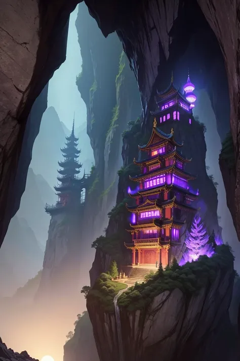 Giant Asian-Chinese style castle, inside a cave deep in the mountain there are a few streaks of purple light.