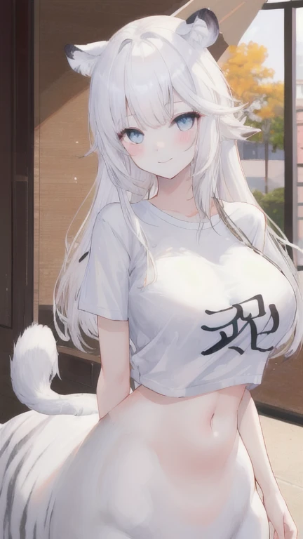 (best quality, masterpiece), 1 girl, centaur, It takes, White skin, Korean ,Smiling, exposing the abdomen, belly button t-shirt, 아름다운 소녀 perfect white tiger photo, perfect white tiger photo