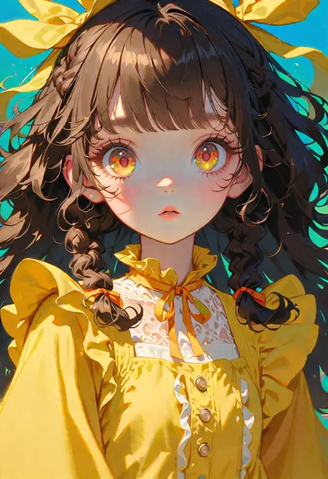 style 9, 1 woman  with black wavy hair tied in two long fluffy braids, side bangs, hazel eyes, lightly made up, wearing a yellow dress with ruffles and ribbons