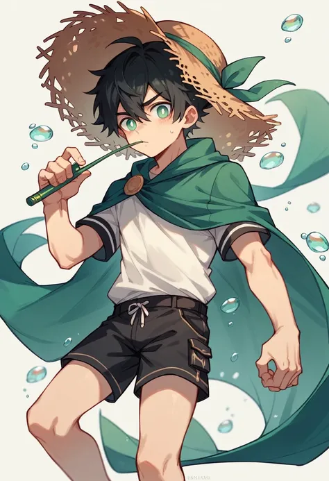 The black-haired male pupil, boy, Short sleeve shorts, Wearing a long cape, A straw hat with two streamers and countless wind chimes, A giant fish made of water plays a green flute on its back, Leading more fish behind,NSFW,