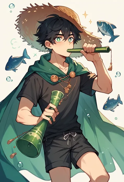 The black-haired male pupil, boy, Short sleeve shorts, Wearing a long cape, A straw hat with two streamers and countless wind chimes, A giant fish made of water plays a green flute on its back, Leading more fish behind,NSFW,