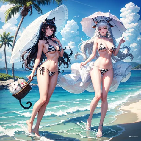 Cat ears and cow print bikini　Beauty　Beautiful feet　Beach parasol　　Swimming in the sea　(Pure white Samoyed dog)