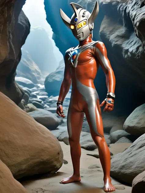 photo realistic,Ultraman Taro is caught in a cave and stands naked in white underwear,slim body,tall,long limbs,helmet only,