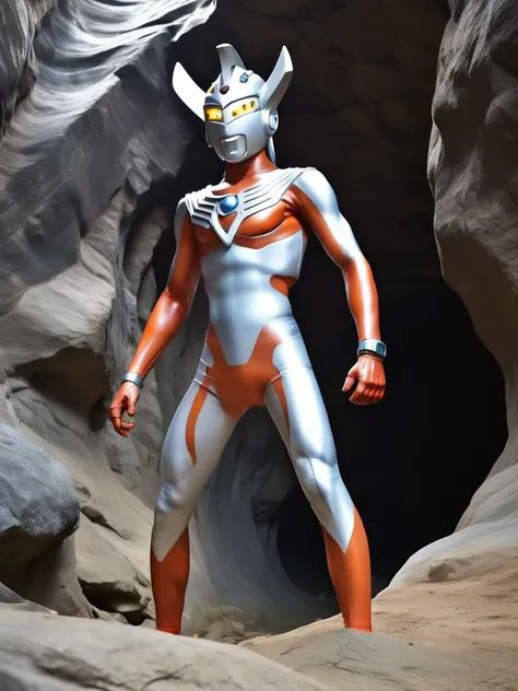 photo realistic,ultraman taro is caught in a cave and stands naked in white underwear,slim body,tall,long limbs,helmet only,