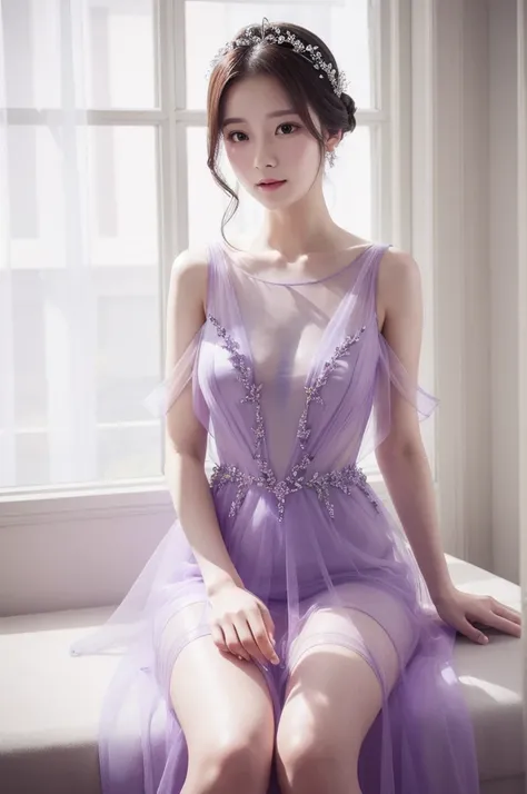 Realistic photos of a beautiful 28 year old woman。Light purple crystal dress。Transparent dress。In a glass-walled room。