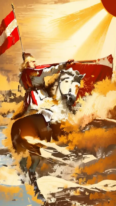 illustration of a man with blond hair on a horse with a large white-red-white flag, man riding a white horse, 20th century propaganda poster, Slavic mythology, Henry Justice Форд, Henry Justice, Nicholas Ge, bright sun. realistic colors, fields