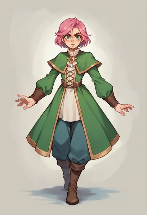 best quality, contrast light, masterpiece, front view, full-length, dressed as a medieval robber, magicians clothing, combat pants, a young girl is a person with a toned, slender build and fair skin. Short pink hair. She has piercing dark green eyes and an...