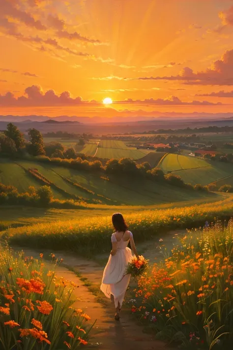 Highest quality、Landscape painting、Plains、Sunset、orange、Looking back