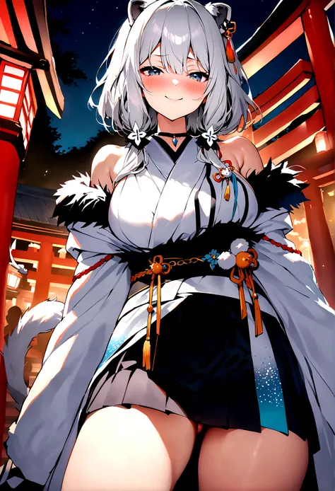 NSFW,masterpiece,Highest quality,High resolution,Super detailed,Shishirabotan(Hololive),Double Odango、flower、Side Lock、Lions tail、White kimono、Off the shoulder、fur ornament、Black Hakama、Short skirt,Bad smile,blush,Shrine at night,torii,Sexy pose