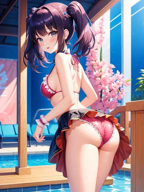 best quality, 1girl, masterpiece ultra detailed, illustration, yang guifei, glossy lips, blush, lips parted, short hair, twintails, standing, from behind, (frilly bikini with microskirt), pool