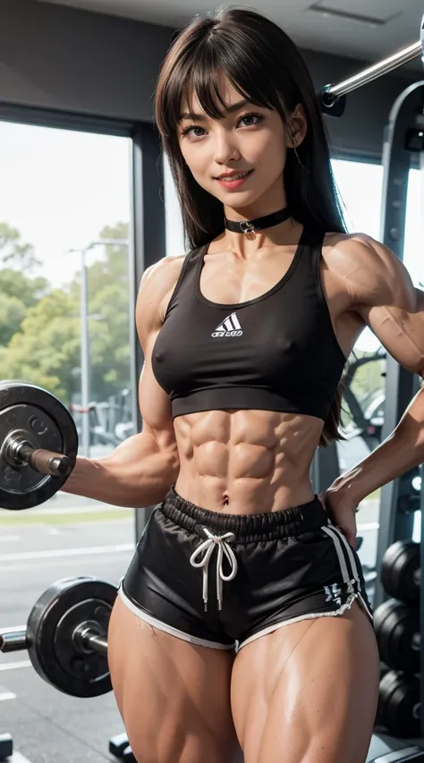 (muscular:2), (thick thighs:2),
(asian female), (big smile:1.5), (blunt bangs), (long hair), (adult),
lipstick, eyeshadow,
(hard nipples), (small breasts),
(tanktop, midriff, gym shorts, choker:1.6),
looking at viewer, (three quarter view:1.3), upper body ...