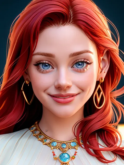 Realistic photo of a beautiful m41tl4ndw woman,  1girl, solo, long hair, looking at viewer, smile, blue eyes, jewelry, red hair, earrings, necklace, lips, portrait, realistic, soft lighting, professional Photography, Photorealistic, detailed, RAW, analog, ...