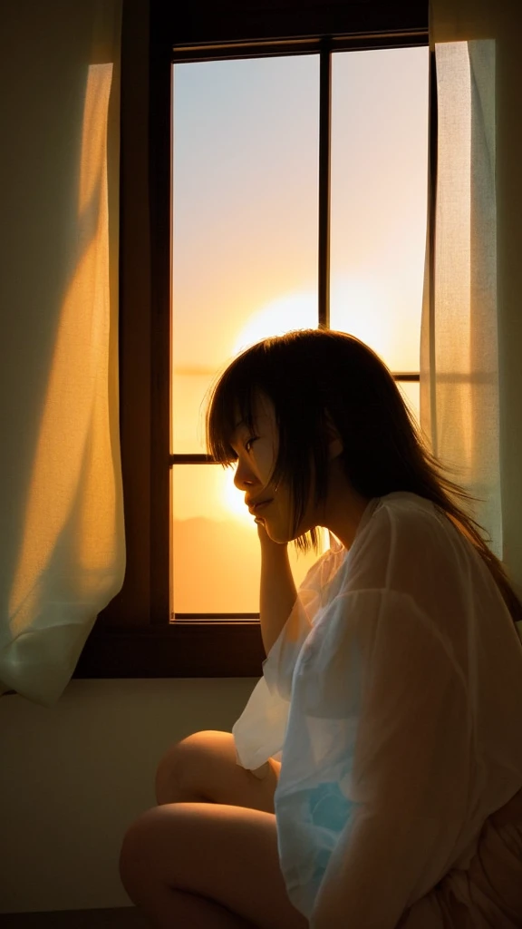 Sunset light coming in through the window 、A Japanese girl in her twenties crying in the corner of a room while looking at a photo