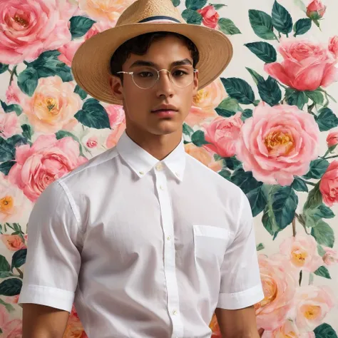 candid fashion illustration of young Mixed race 2man, Latino and Japanese male model, both aged 18-23 year old, ((showcase fashion look book in linen outfits)), the design inspired of The Emma Bridgewater rose by David Austin, in elegant chic style. The ma...