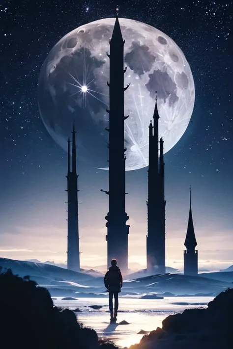 Highest quality,Big moon and shadow,A silhouette of a person can be seen against the backdrop of a large moon.,There is one full moon,There is a mood,Beautiful scenery,Starry Sky