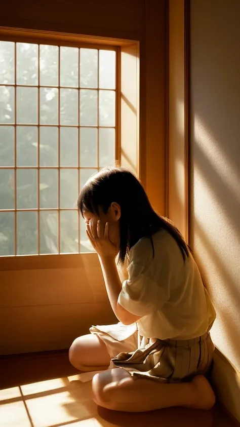 Sunset light coming in through the window 、A Japanese girl in her twenties crying in the corner of a room while looking at a photo