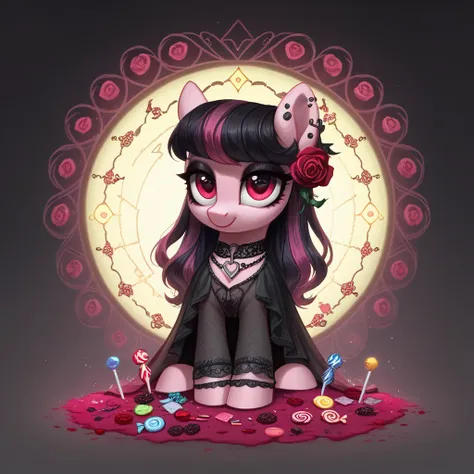 score_9,score_8_up,score_7_up,score_6_up, cute Rose pony, Goth fashion, glowing backlight, candy, pink scene, glitter, whimsical, enchanted, magical, fantasy art concept, intricate details,