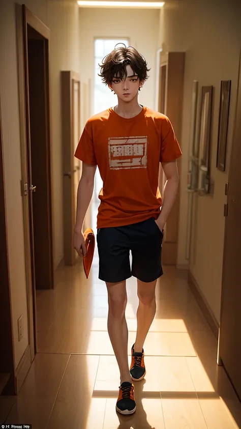 masterpiece: 18-year-old men, with messy hair, wearing orange t-shirts and orange , with shaved legs, walk through the galleries of a prison.  Maximum photographic quality.  interior light.