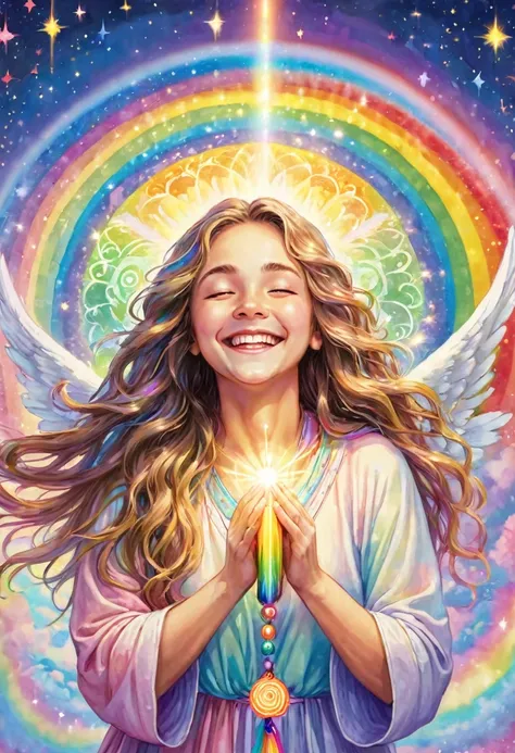 An angel rejoicing with the earth, long hair in rainbow colors in pastel colors, praying, holding a chakra stick, mandala, big rainbow lights, happiness, smile, love