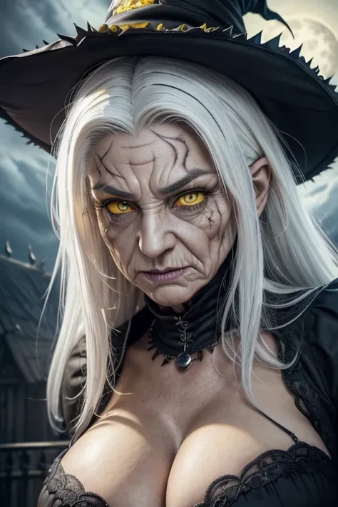 ((best quality)), ((masterpiece)), ((realistic)), (detailed), Very old frightening and scaring witch with scary eyes, (((accentuated big nose))), (((white hair))), witch hat,  ((large breasts)), ((cleavage)), (((mad sky hallucination))), baroque maximalist...