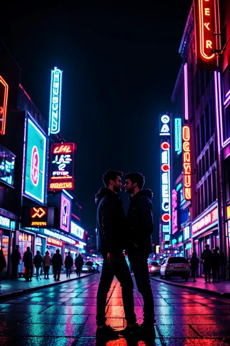 1woman and 1man, stood in front of a neon cityscape at night