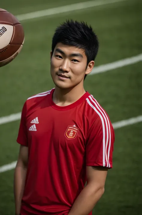 young asian man looking at camera in a red sports shirt , fieldside, beach, sunlight, looking at the football field