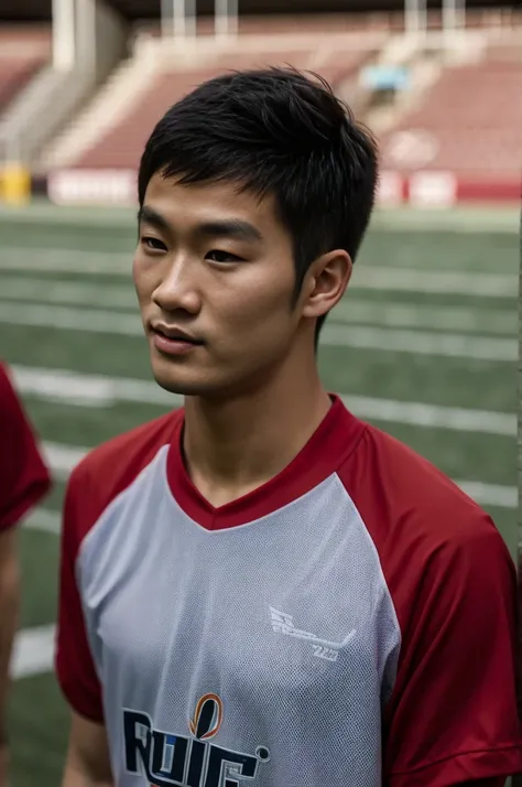 young asian man looking at camera in a red sports shirt , Fieldside, beach, sunlight, looking at the football field