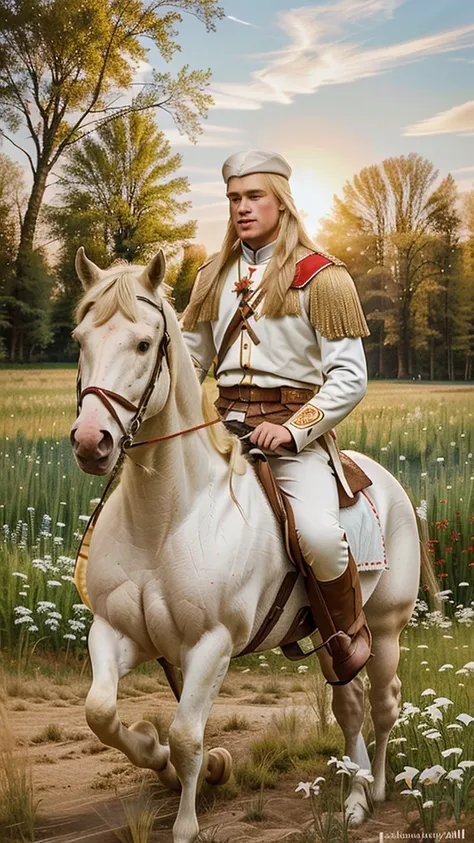 illustration of a man with blond hair on a horse with a large Belarusian white-red-white flag, man riding a white horse, 20th century propaganda poster, Slavic mythology, bright sun. realistic colors, fields