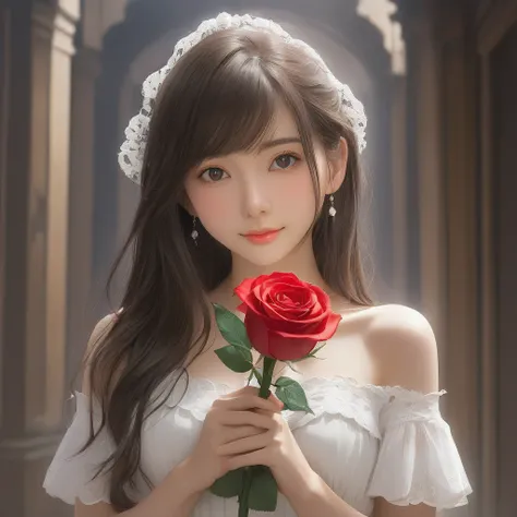 (masterpiece, Highest quality:1.2), One girl, alone,holding a rose flower in one hand