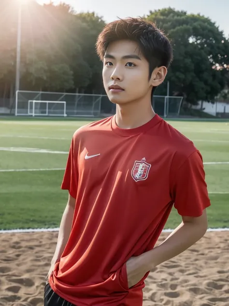 young asian man looking at camera in a red sports shirt , Fieldside, beach, sunlight, looking at the football field