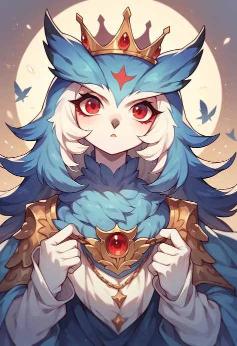 Blue owl, red eyes, wearing a crown