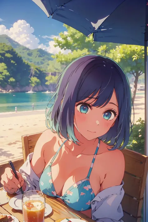 (Highest quality:1.4、masterpiece:1.4、Super detailed:1.4、8K:1.4)、((((1 person、Surprised expression、sit、Outdoor café terrace、coastal、juice、table、Sandy Beach、juiceのグラスを持つ、Plain Bikini、The depth of the written world、Very soft boobs、Big eyes、Very cute face))))、...