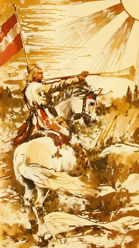 illustration of a man with blond hair on a horse with a large Belarusian white-red-white flag, man riding a white horse, 20th century propaganda poster, Slavic mythology, bright sun. realistic colors, fields