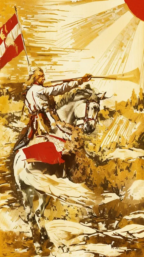 illustration of a man with blond hair on a horse with a large Belarusian white-red-white flag, man riding a white horse, 20th century propaganda poster, Slavic mythology, bright sun. realistic colors, fields