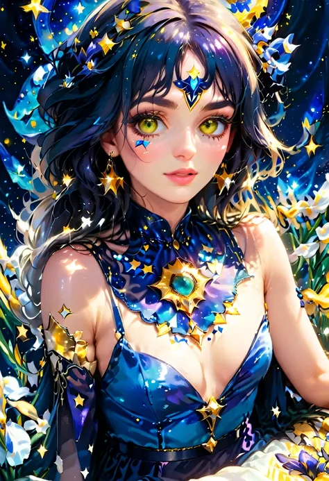 a extreme close up facial picture of an astrologist who divine the future from the stars, an extraordinary beautiful woman, divining the future from the stars, there is magic in her eyes, the ((irises are colored deep blue filled with stars: 1.5)), dynamic...