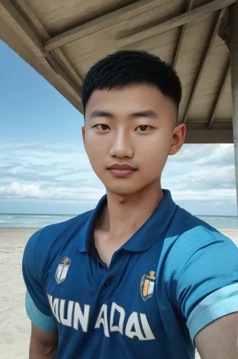 young asian man looking at camera in a blue sports shirt , fieldside, beach, sunlight