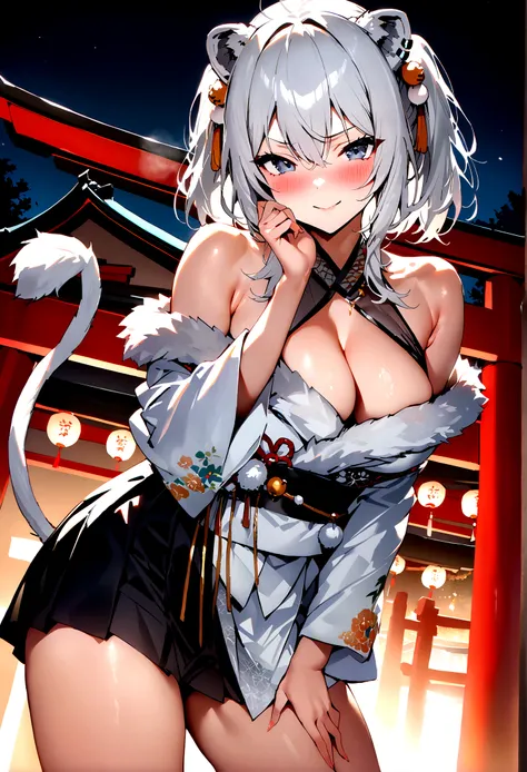 NSFW,masterpiece,Highest quality,High resolution,Super detailed,Shishirabotan(Hololive),Double Odango、flower、Side Lock、Lions tail、White kimono、Off the shoulder、fur ornament、Black Hakama、Short skirt,Bad smile,blush,Shrine at night,torii,Sexy pose,(Seduce)