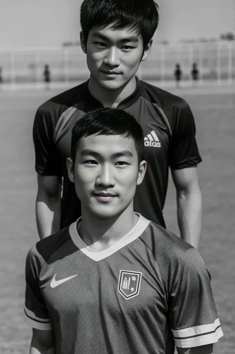 young asian man looking at camera In a black and white sports shirt , Fieldside, beach, sunlight, looking at the football field