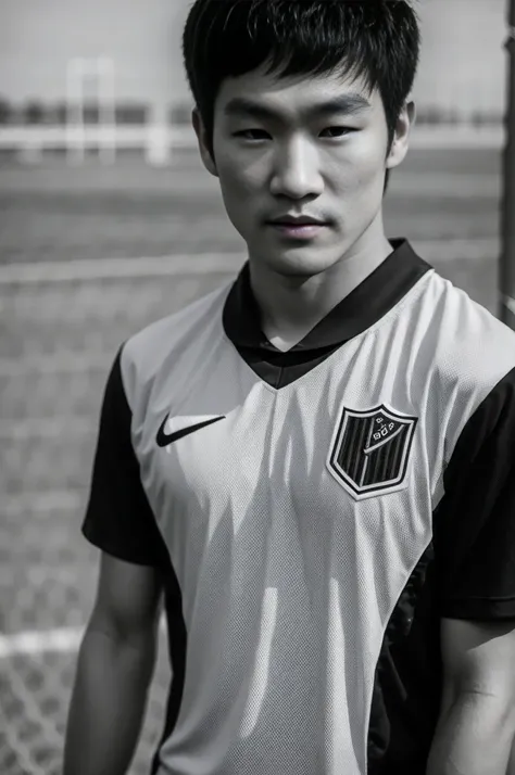 young asian man looking at camera in a black and white sports shirt , fieldside, beach, sunlight, looking at the football field