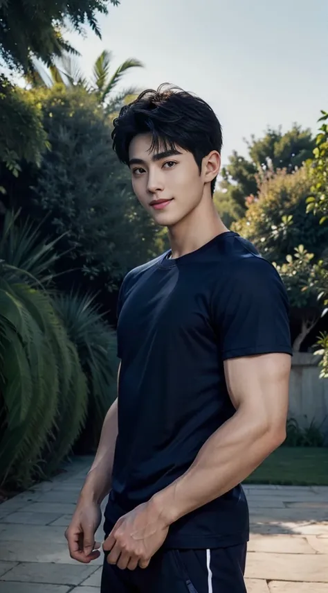 (As a matter of fact, Masterpiece, 8k HD, good light quality, sportswear, fit the face, complicated details), A handsome and muscular young Korean man., He has short, muscular hair in a buzzcut style.  ,(Broad shoulders:1.3), 20 years old, be happy, smile ...