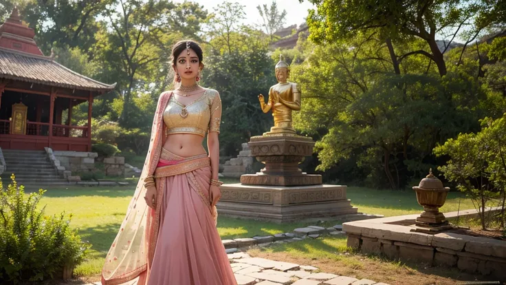 , 8K raw photo, Best quality, masterpiece, ultra high res, film grain, filmg, ancient indian hot charming gorgeous women in lehenga standing in the front of the shakyamuni gautam buddha in ancient indian village, ultra realistic photo. 